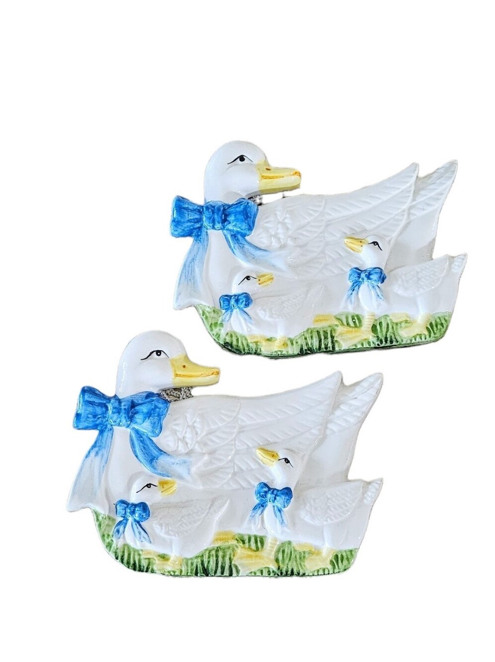 Vintage KMC 80s Duck Goose Goslings Ceramic Wall Plaque Set Of 2